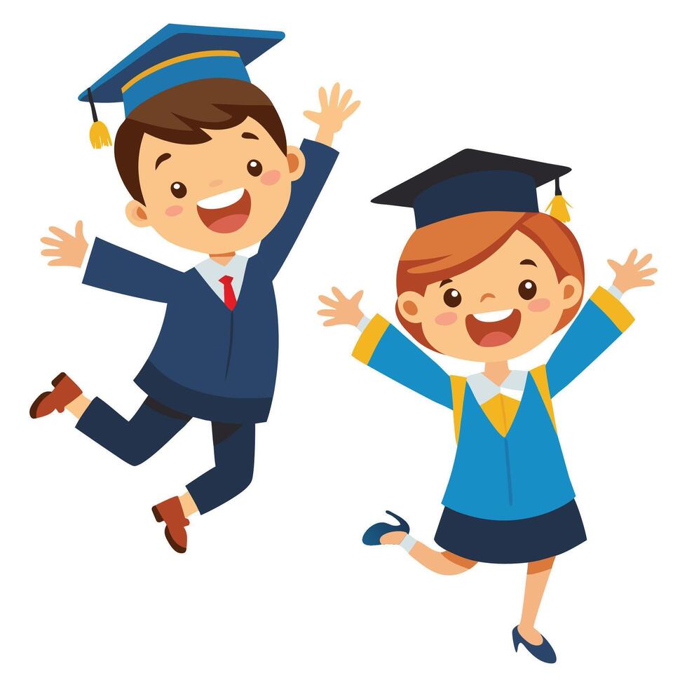 Two graduating jumping kids isolated on white background vector