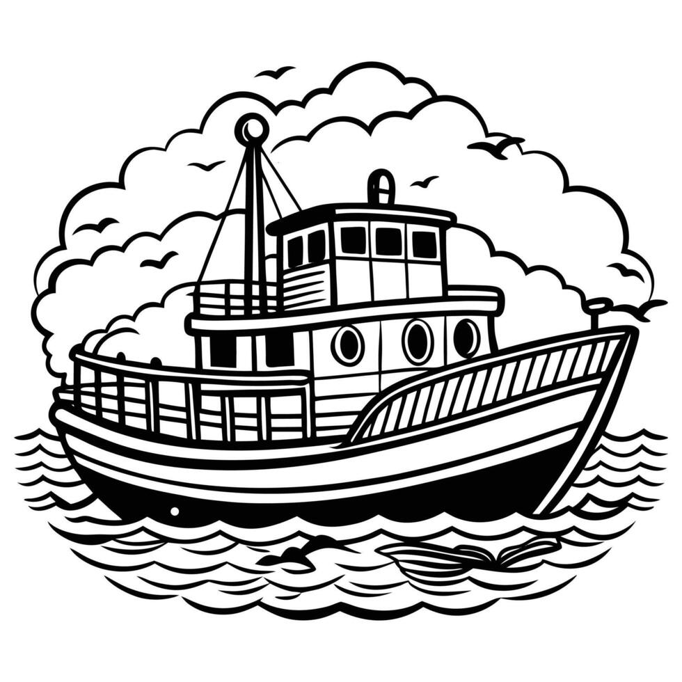 Coloring page of travel boat in the sea, clouds, flying seagulls isolated on white background vector