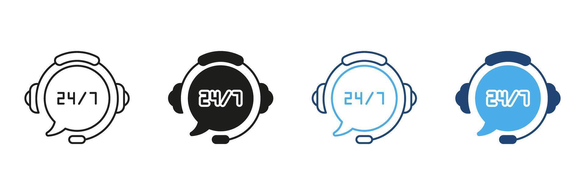 24 7 Customer Support Headset Icon Set. Round-The-Clock Service And Assistance Outline And Silhouette Symbol Collection. Call Center And Help Desk Communication. Isolated Illustration vector