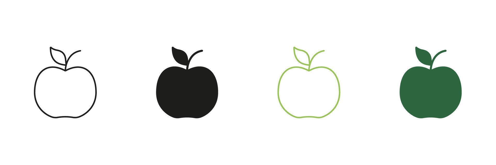 Apple Line and Silhouette Icon Set With Leaf, Healthy Food Choices And Organic Nutrition. Fresh Fruit Diet And Wellness Outline and Solid Icon. Isolated Illustration vector