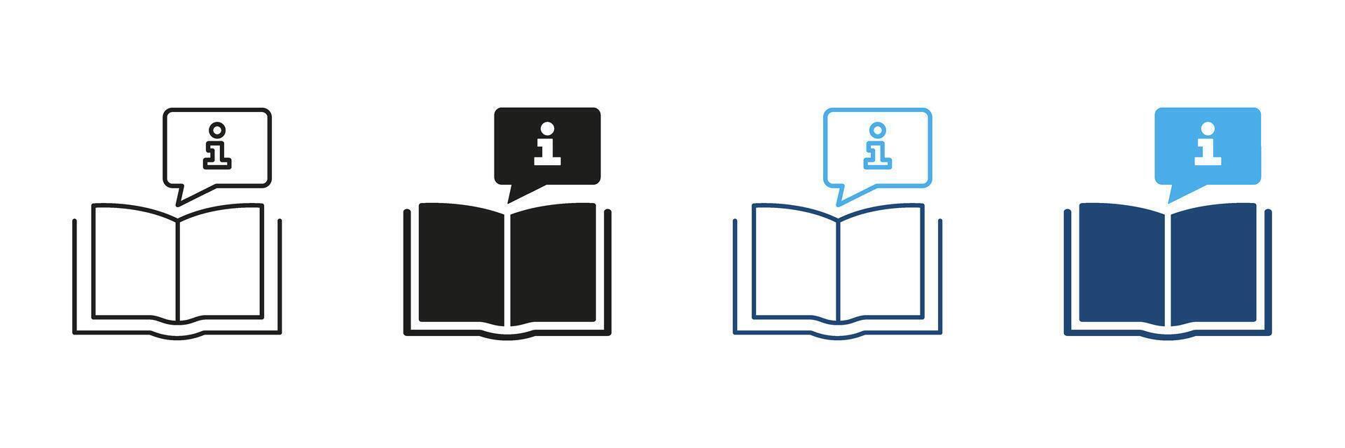 Open Book With Information Speech Bubble Icon Set. Knowledge Sharing, Education, And Learning Resource Symbol Collection. Library And Research Assistance. Isolated Illustration vector