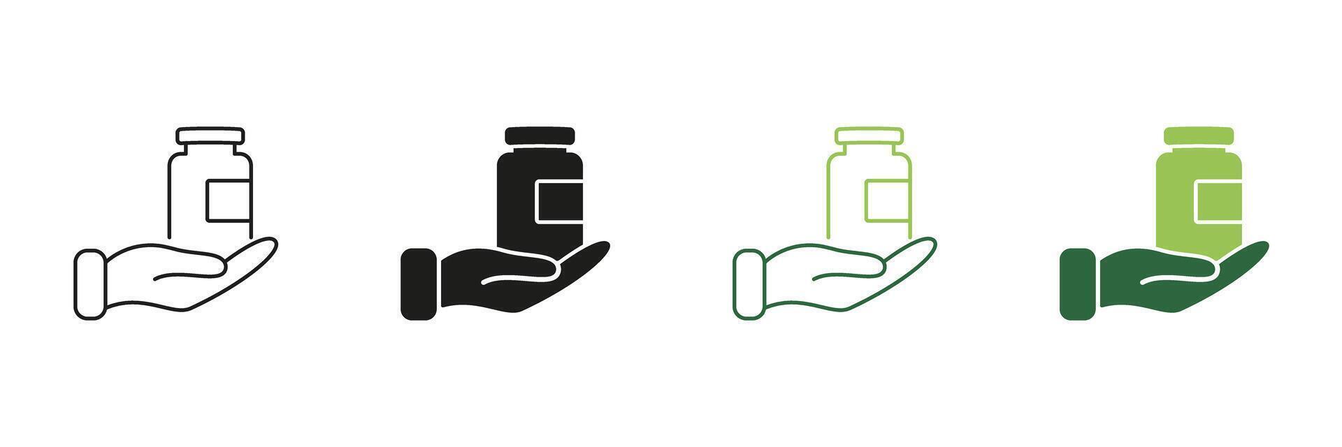 Supplements And Vitamins Line and Silhouette Icon Set. Nutritional Support For Health And Wellness. Hand Holding Bottle Icon. Editable Stroke. Isolated Illustration vector