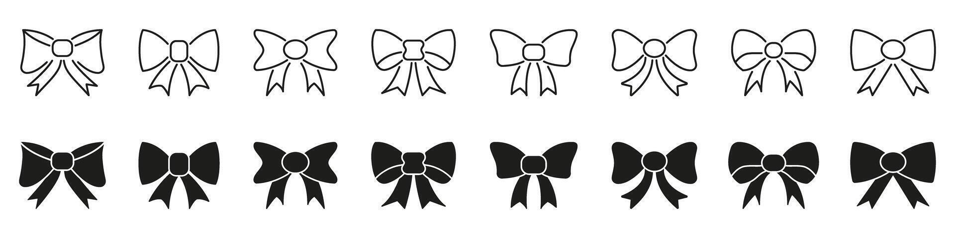 Bow Tie Line And Solid Icon Set. Decorative Ribbon And Bowknot Outline And Silhouette Symbol Collection. Fashion Accessory, Gift Wrapping, And Decoration Design. Isolated Illustration vector