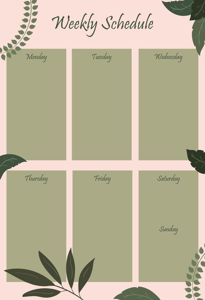 Weekly schedule template with leaves and flowers vector