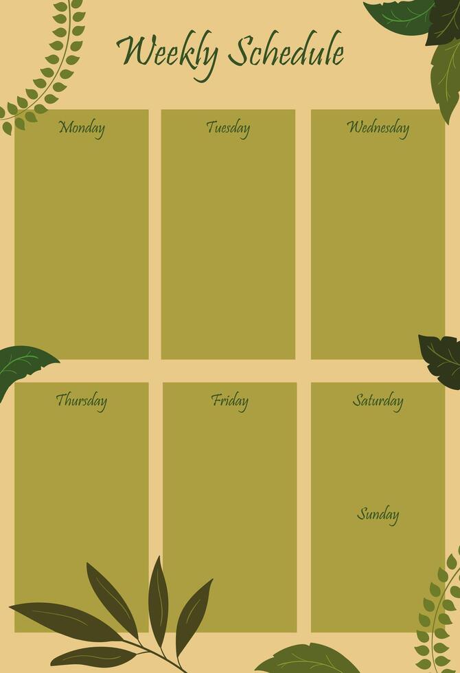 Weekly schedule template with green leaves and leaves illustration vector