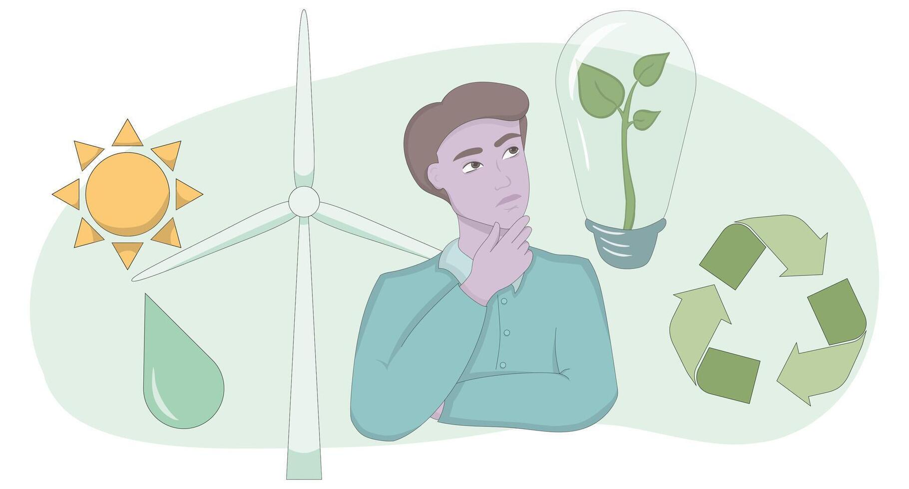 A man is thinking about the environment and wind turbines vector