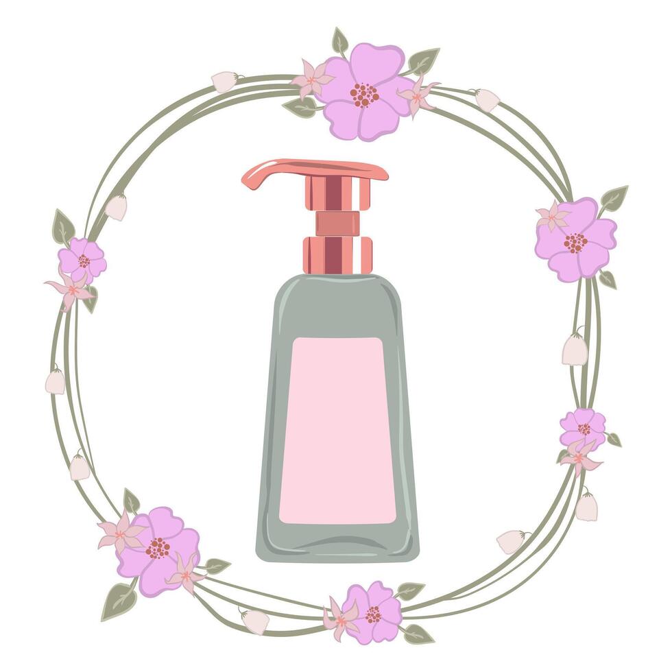A bottle of hand soap with pink flowers in a wreath vector