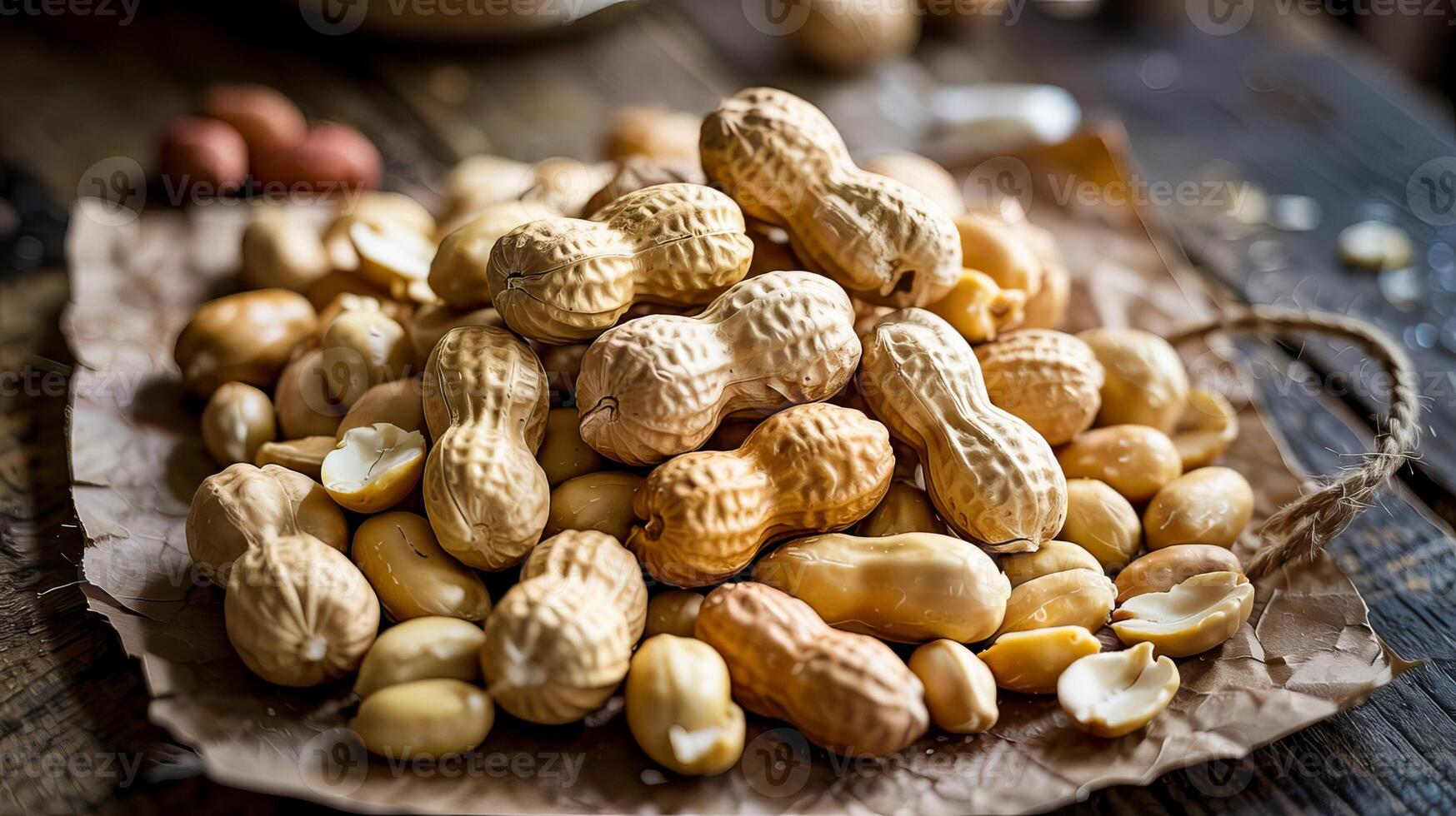 A rustic display of peanuts in shells and shelled on brown paper on a dark wooden surface photo