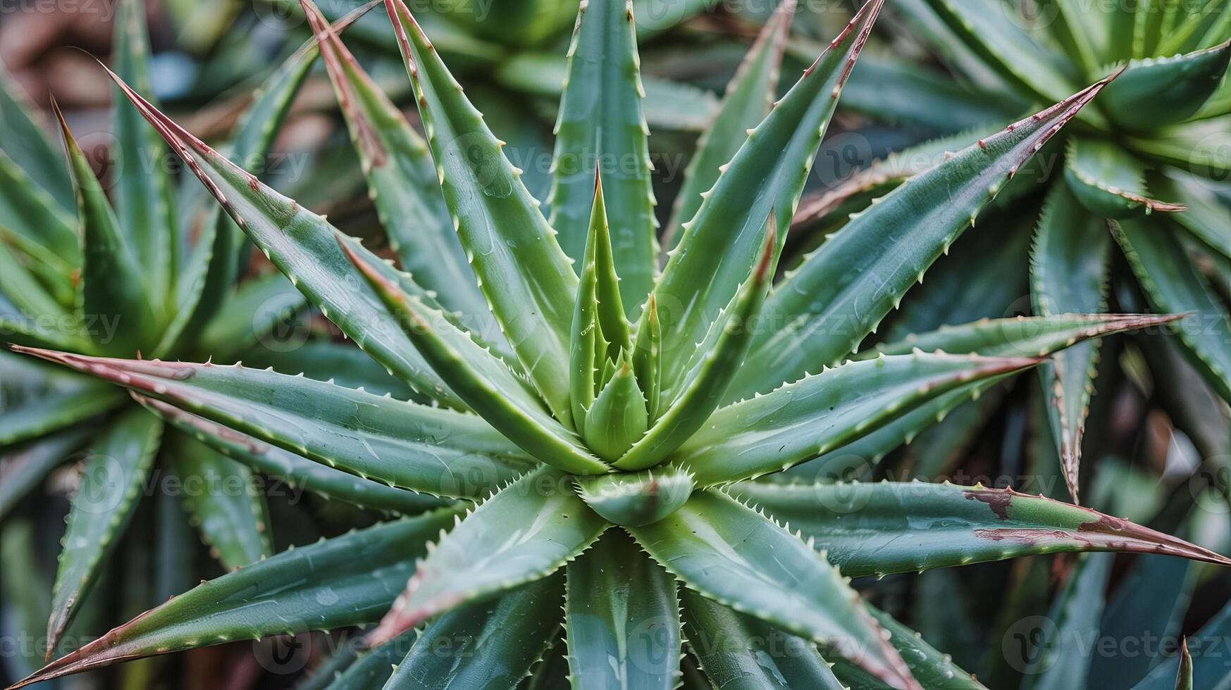 A close up view of a vibrant green aloe plant with sharp leaves in a natural outdoor setting photo