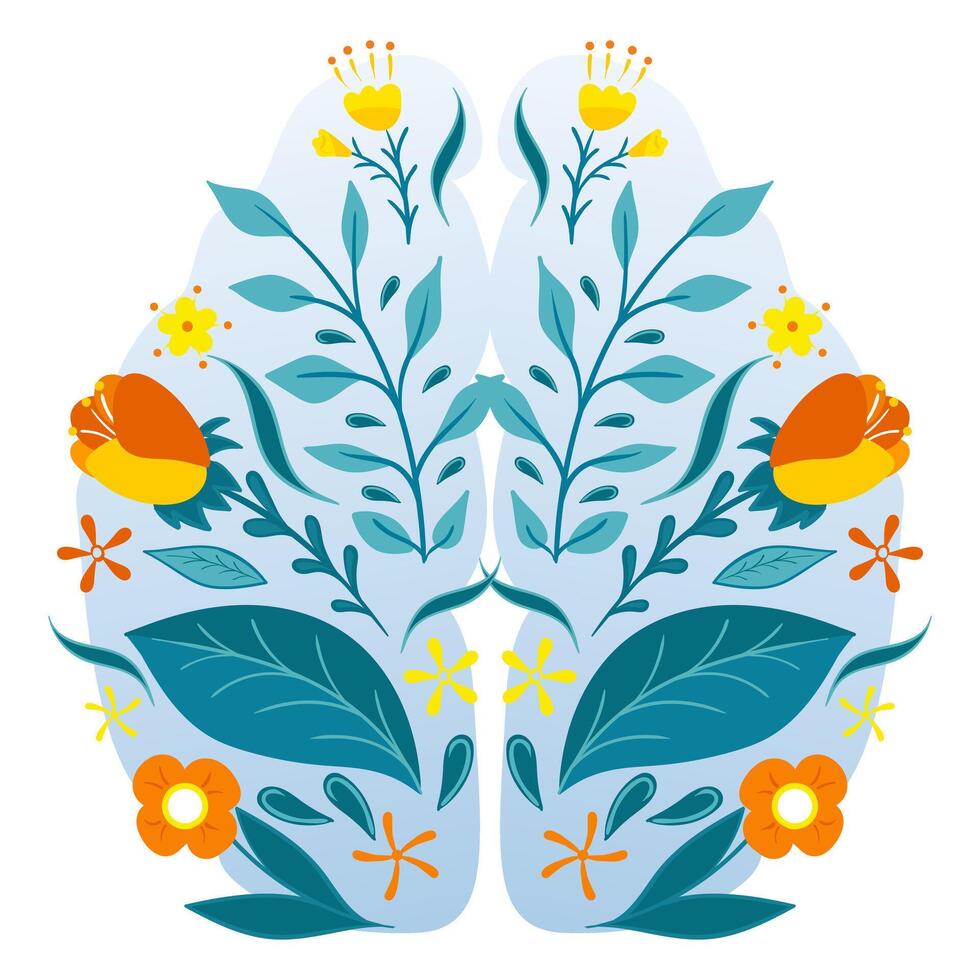 A brain with flowers and leaves on it vector