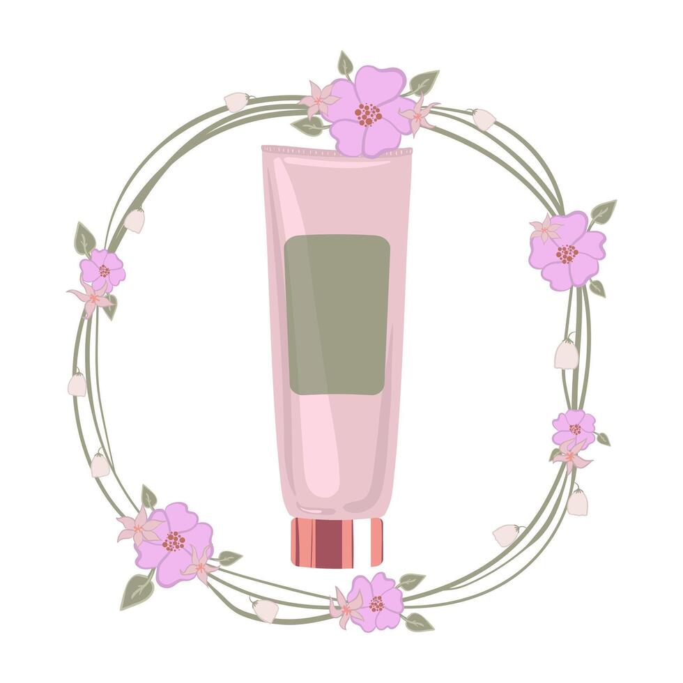 A tube of cream with pink flowers in a wreath vector