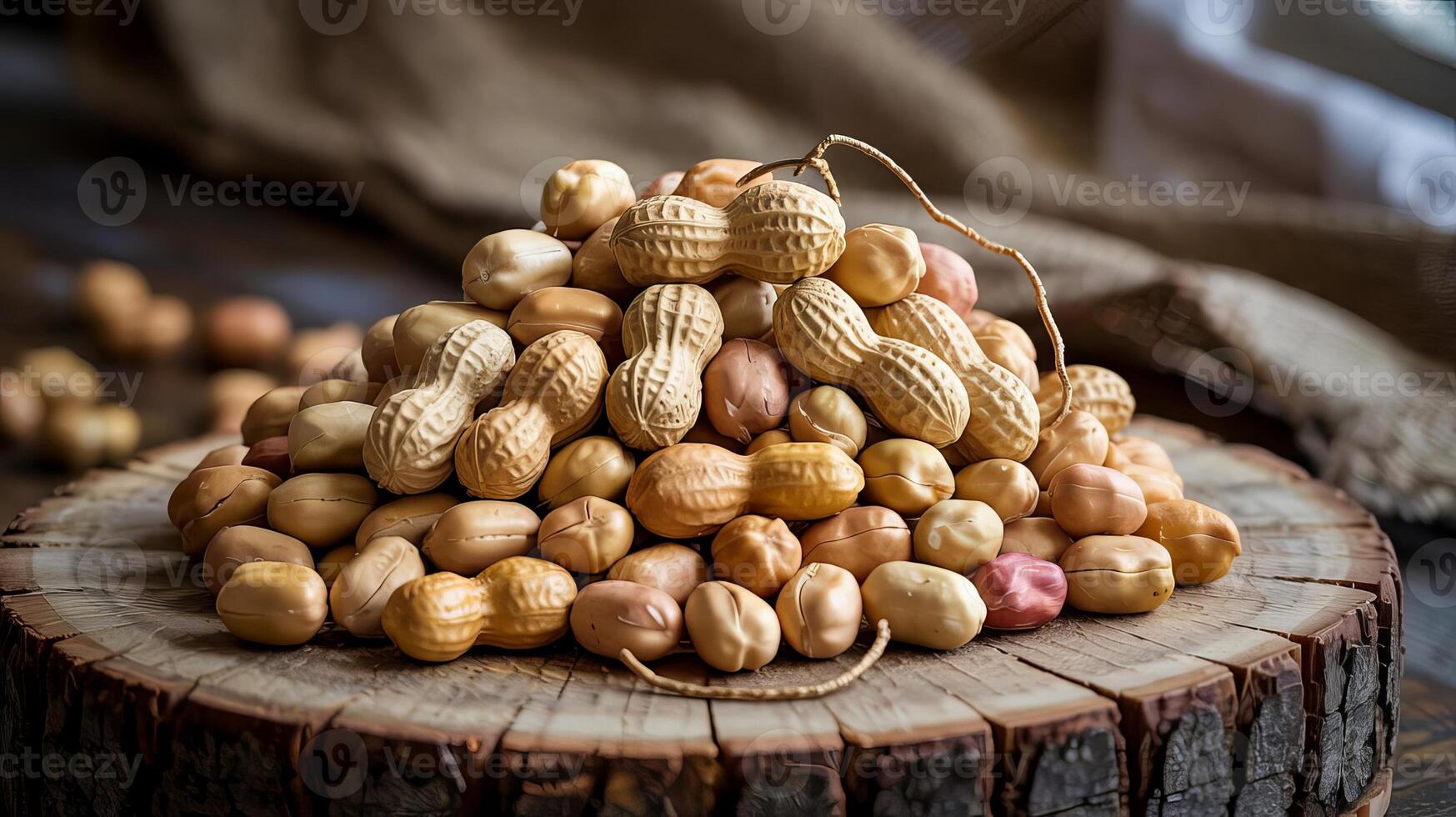 A pile of peanuts in shells stacked on a wooden surface with a burlap background in soft lighting photo