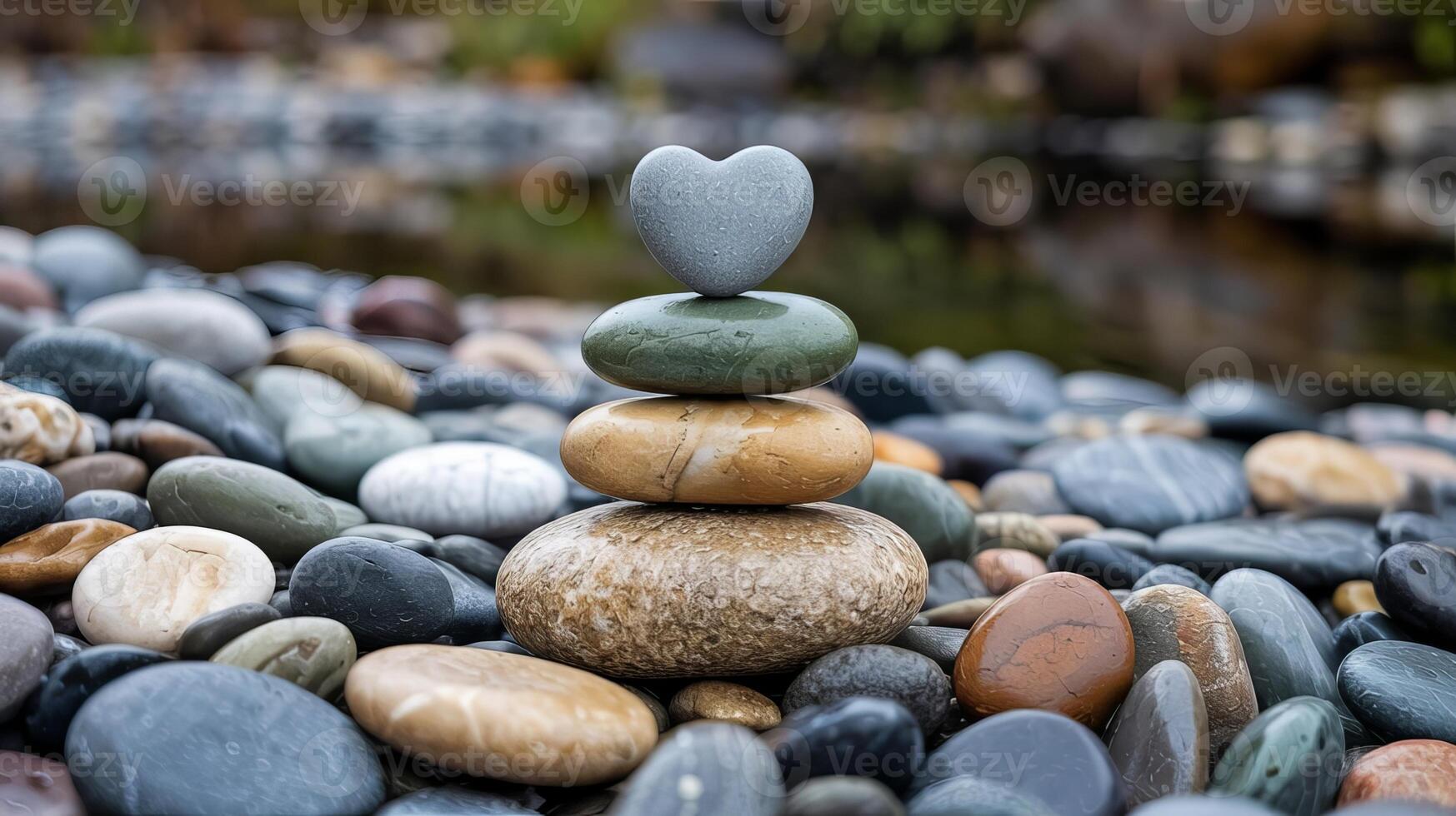 A stack of smooth river stones with a heart shaped stone on top, surrounded by other river stones photo