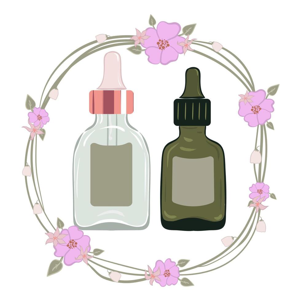 Two bottles of essential oils in a wreath of flowers vector