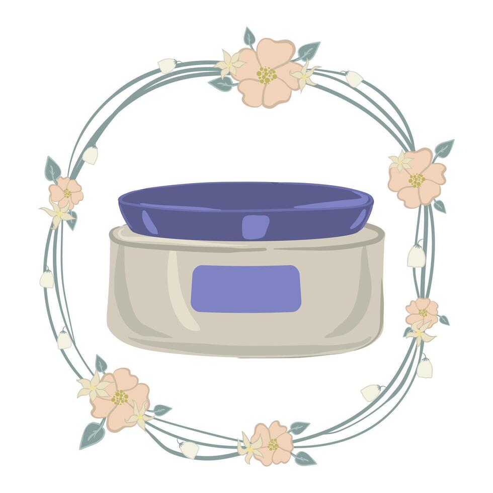 A jar of cream in a wreath of flowers vector
