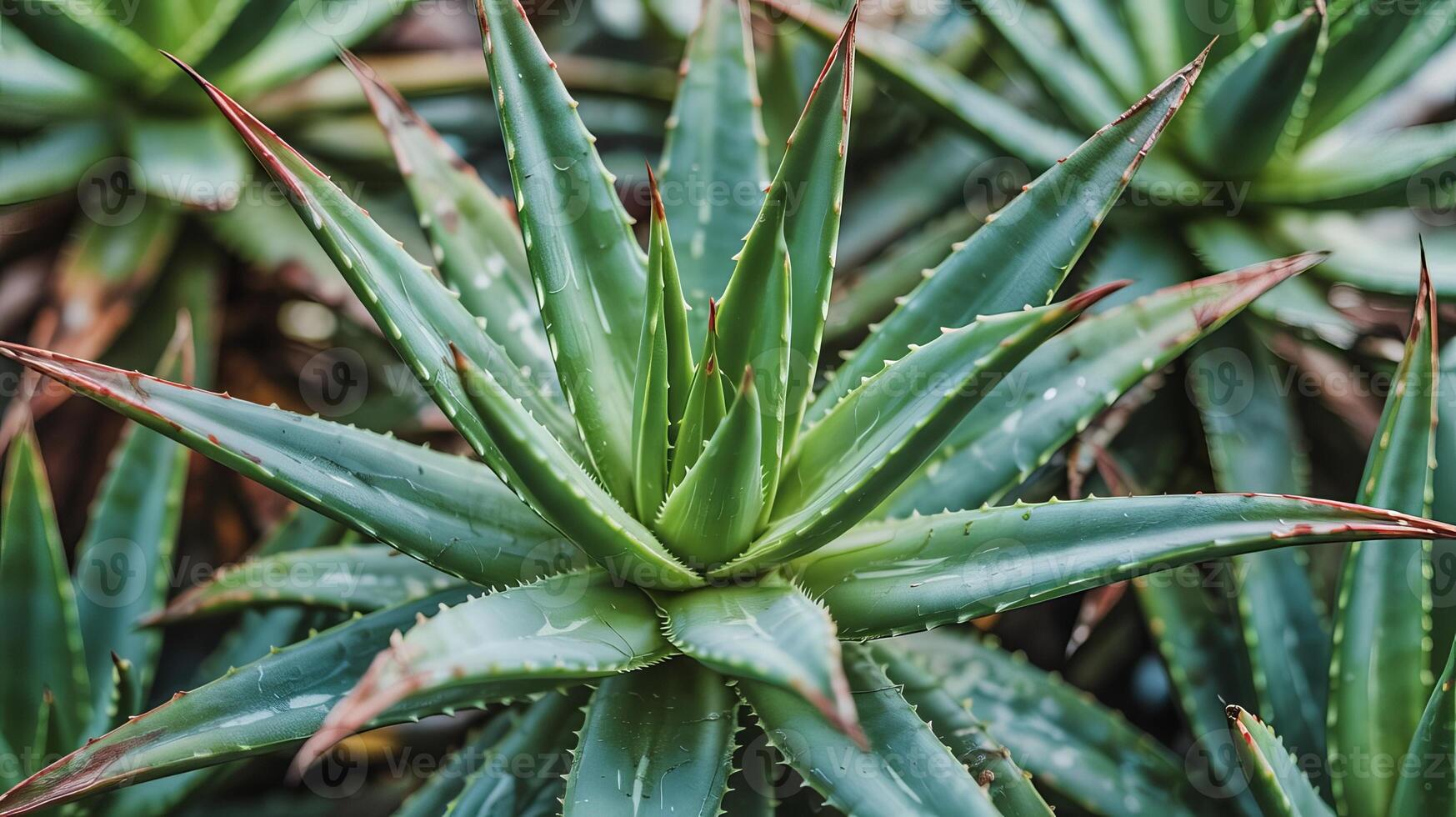 A close up shot of a vibrant green aloe vera plant with sharp leaves in a natural setting outdoors photo