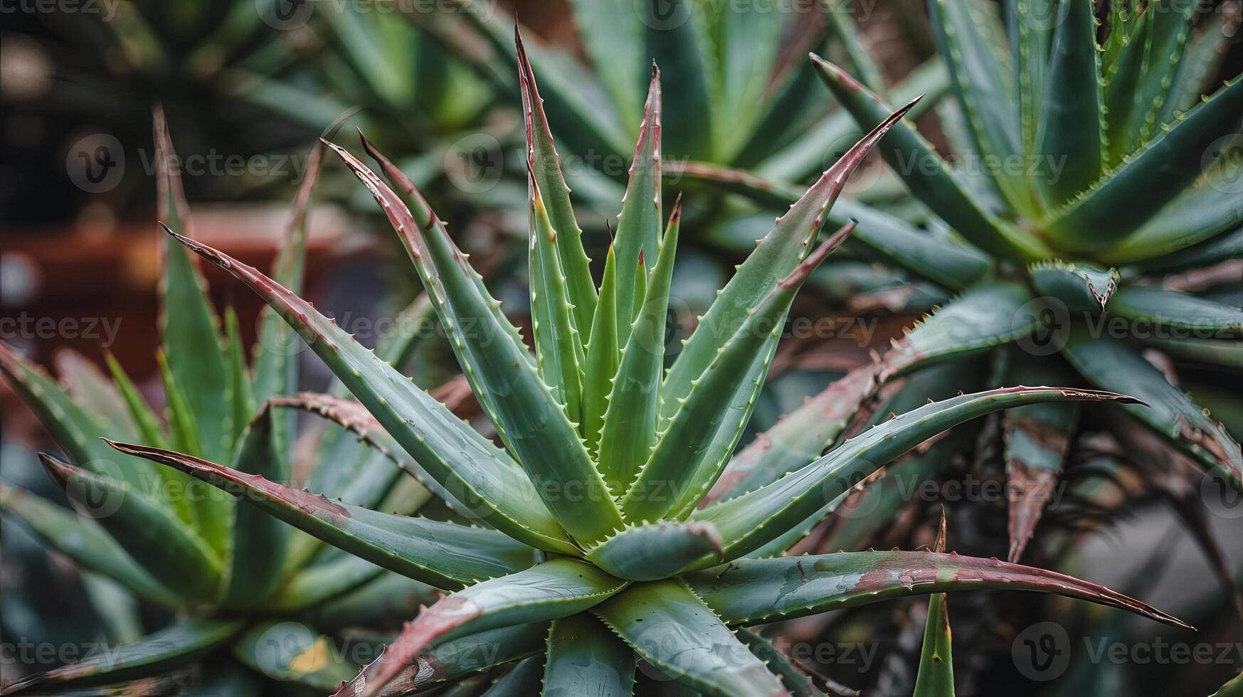 A close up shot of multiple aloe vera plants with pointed leaves in an outdoor setting showing detail photo