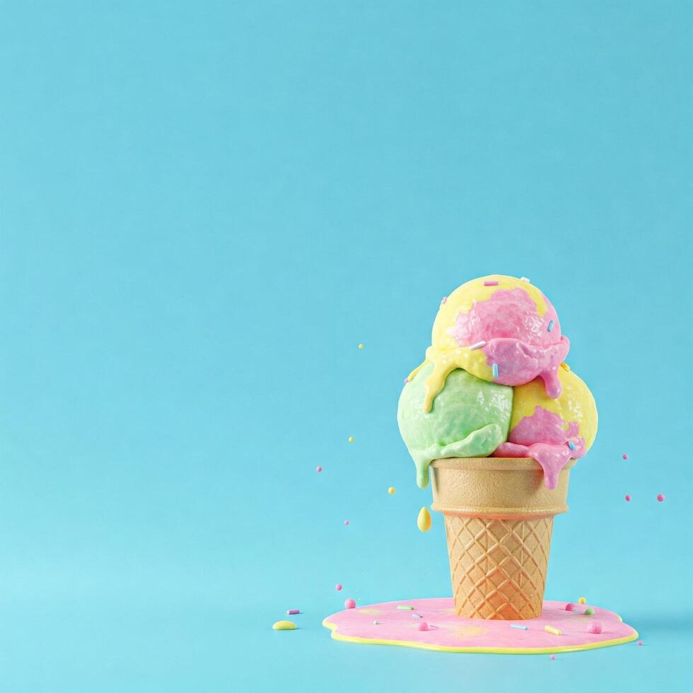 Melting colorful ice cream on blue background photo