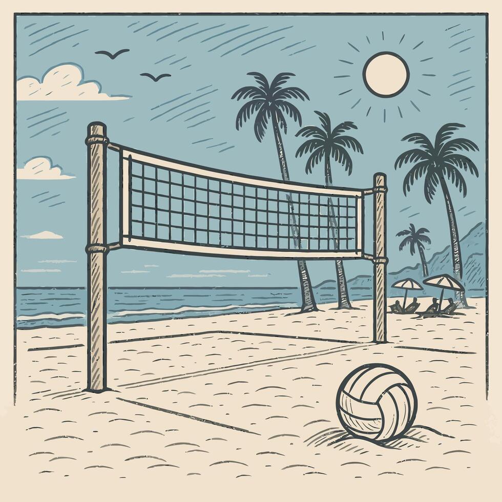 Beach Volleyball Net and Ball at the Beach with Palm Trees vector