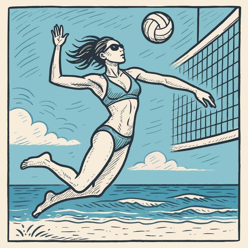 Woman Playing Beach Volleyball Illustration with Ocean Waves and Blue Sky vector