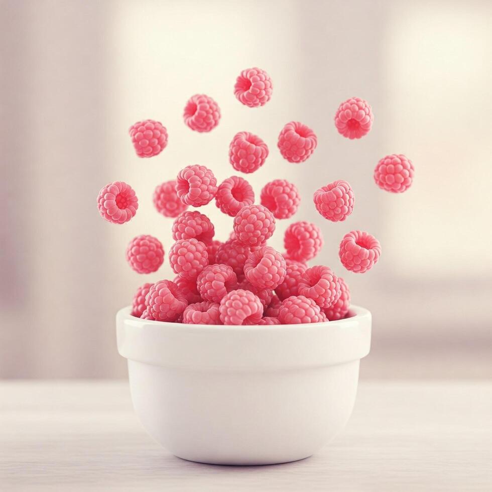 Fresh ripe raspberries falling into a white pot photo