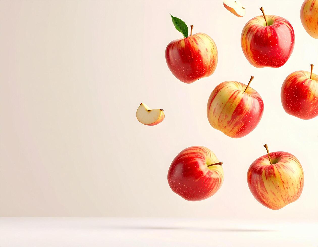 Falling whole and cutred apples with free copy paste space photo