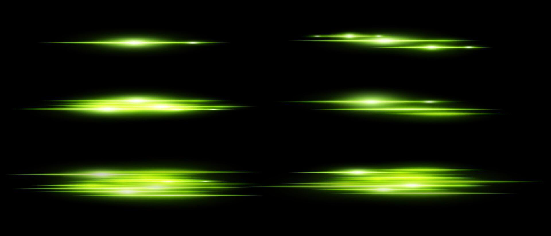 A set of glowing green light effects on a black background vector