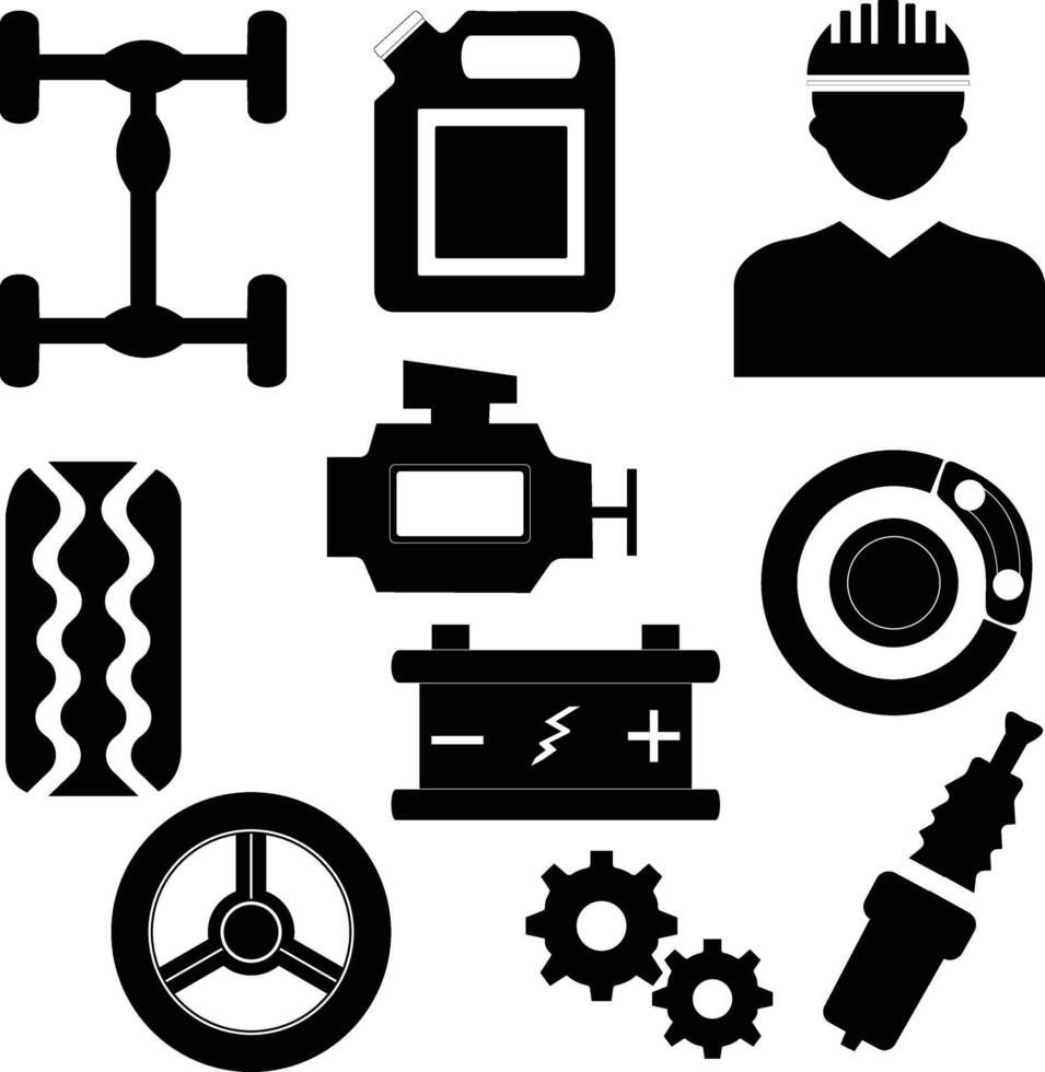 Car Parts Icons Set - Engine, Battery, Tire, Brake, Oil, Gears vector