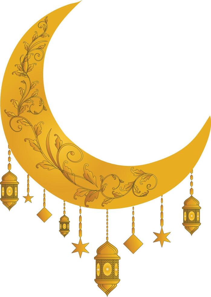 Golden Crescent Moon with Hanging Lanterns for Ramadan and Eid vector