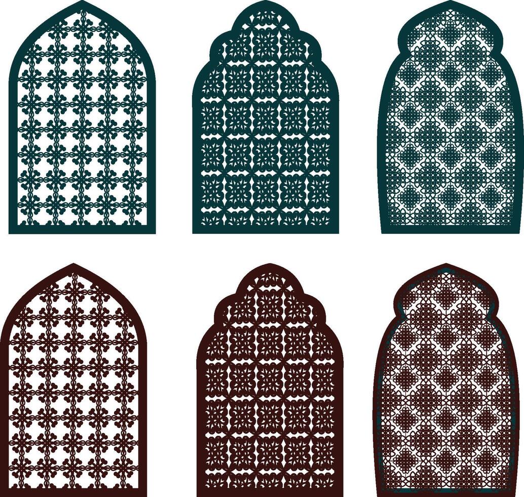 Islamic Geometric Window Patterns in Traditional Arch Frames vector