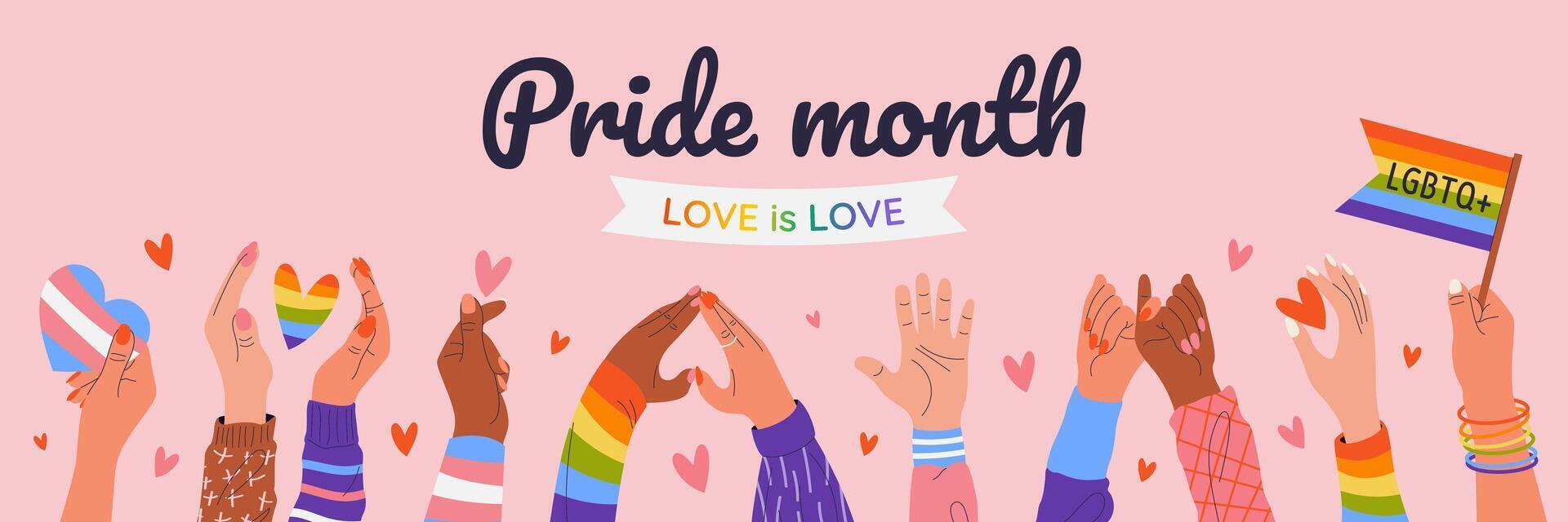 Happy Pride Month. Horizontal template for social media posts, banners, backgrounds. LGBTQIA. Hands showing heart signs, holding rainbow flag and hearts. Design for festival parades, parties, events. vector