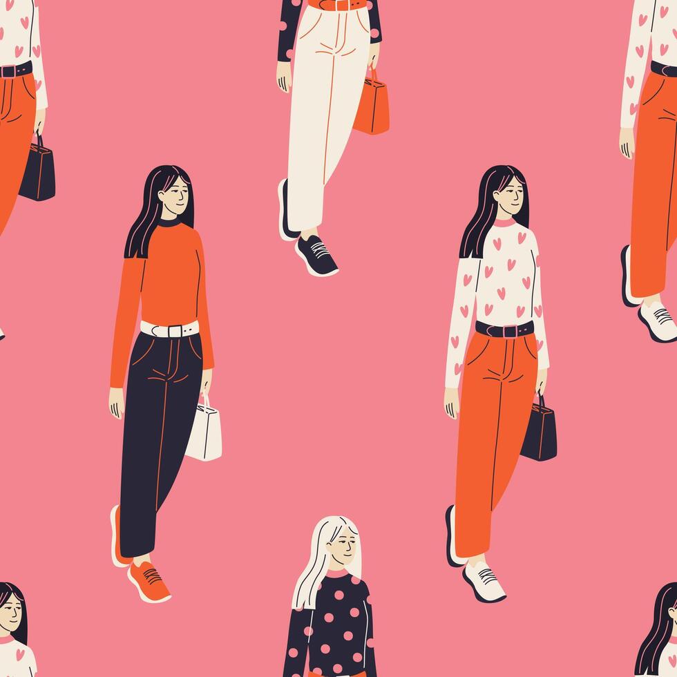 Seamless pattern with stylish teens walking in modern casual outfits. Girly tile with women for fabric, textiles, wrapping paper, beauty and fashion projects. Includes ready-to-use swatches. vector
