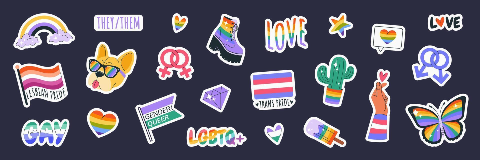 Happy Pride Month. LGBTIA stickers set. Isolated badges with signs, symbols, phrases, inclusive pride flags, bulldog, rainbow, hand, butterfly. Isolated elements on dark background. Clipart vector