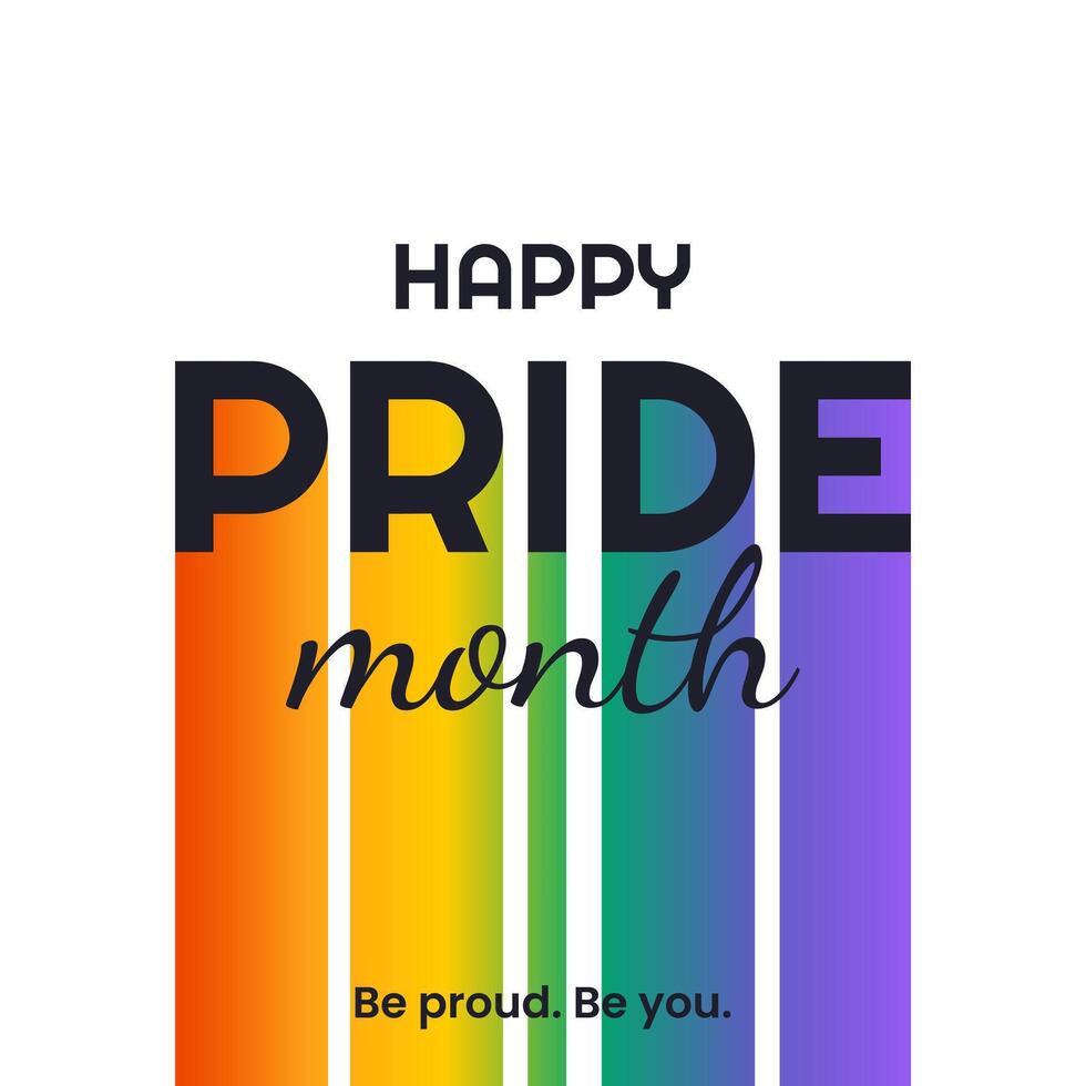 Happy Pride Month. Square festive template for social media posts, banners, backgrounds. LGBTQ. Simple card with rainbow and text for festival parades, parties, and social events. vector