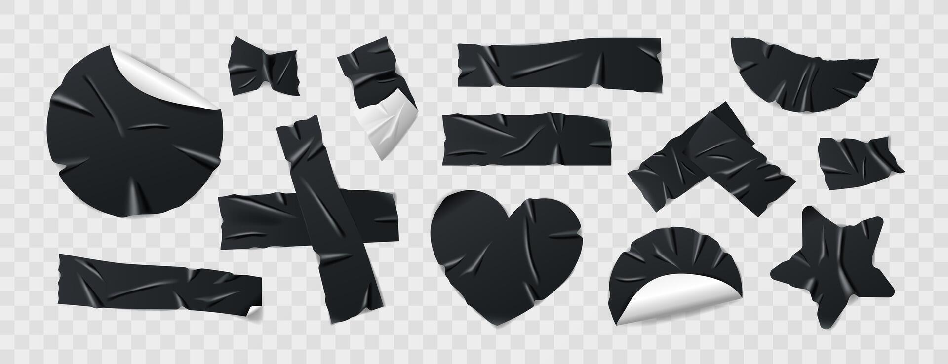 Set of glossy black duct tapes, adhesive tapes and sticky paper strips. Isolated elements in various shapes on background. Collection of realistic tape pieces for collages and creative designs. vector