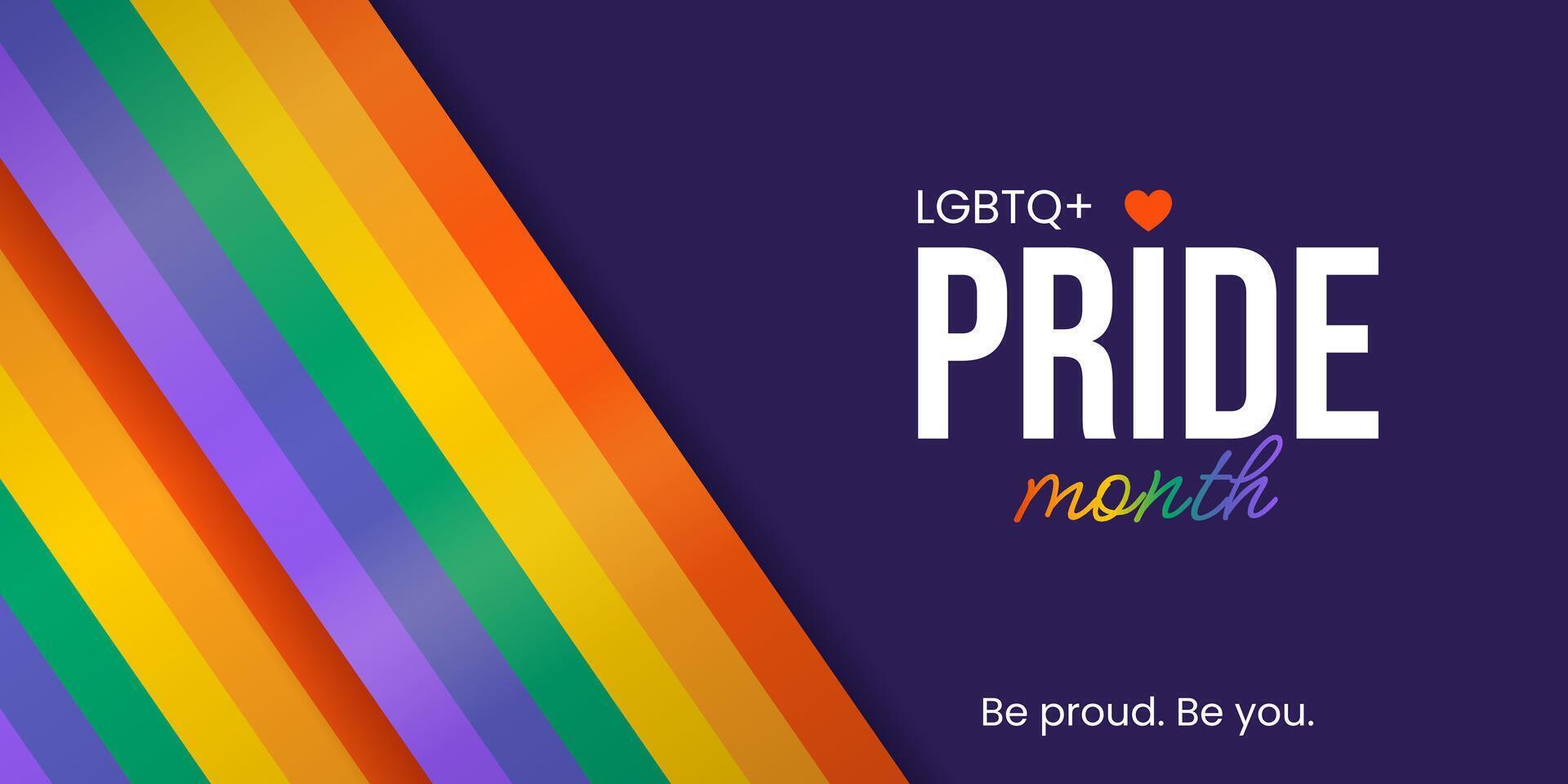Happy Pride Month. Horizontal festive template for social media posts, banners, backgrounds. LGBTQIA. Background with rainbow flag for festival parades, parties, and events. vector