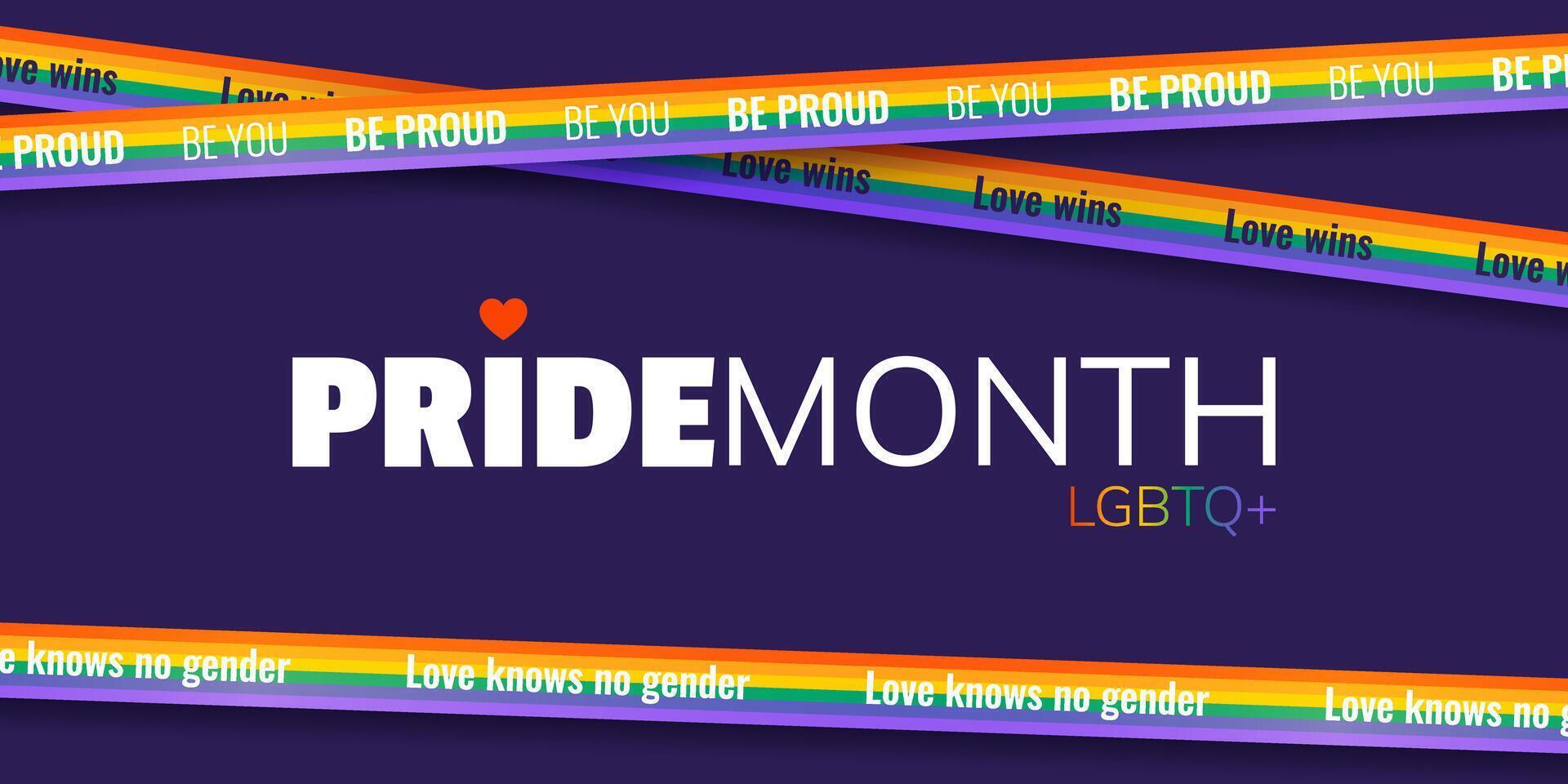 Happy Pride Month. Horizontal festive template for social media posts, banners, backgrounds. LGBTQIA. Background with rainbow warning tapes for festival parades, parties, and events. vector