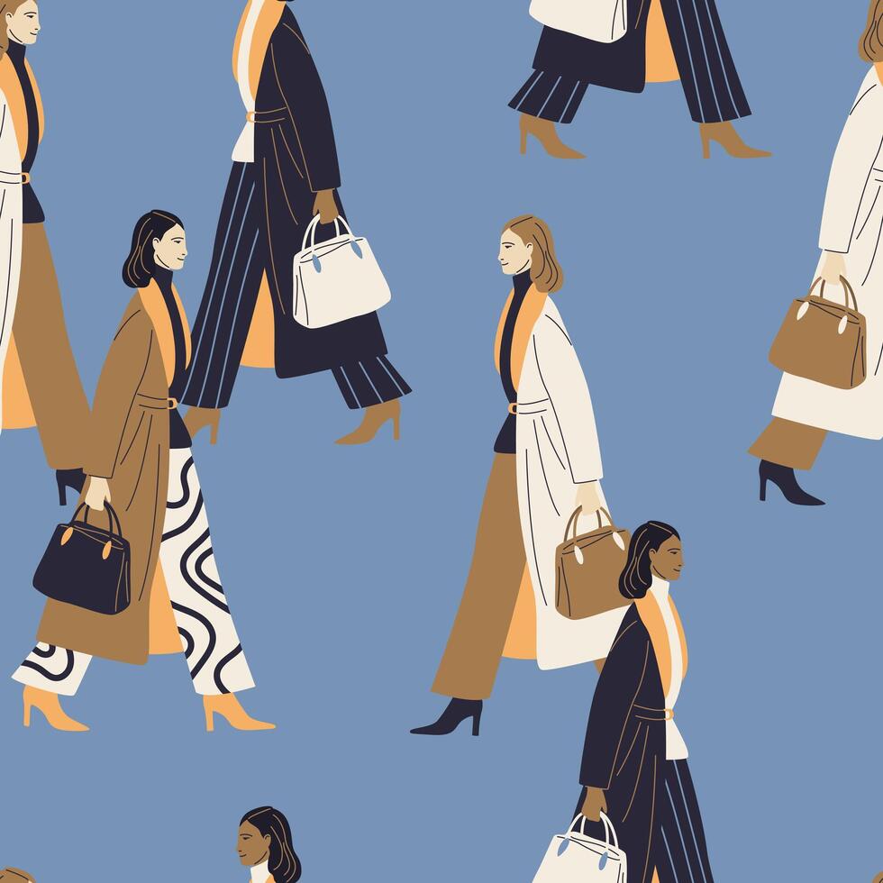 Seamless pattern featuring stylish young businesswomen walking in modern outfits. Tile for fabric, textiles, wrapping paper, and fashion projects. Includes ready-to-use swatches. vector