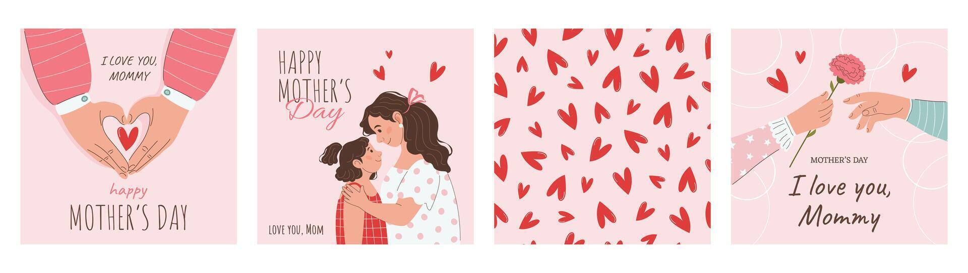 Set of festive square greeting cards, posters, social media posts. Happy Mother's Day concept. Mom and daughter, hands with hearts and carnation flower, pattern. Illustrations in flat style. vector