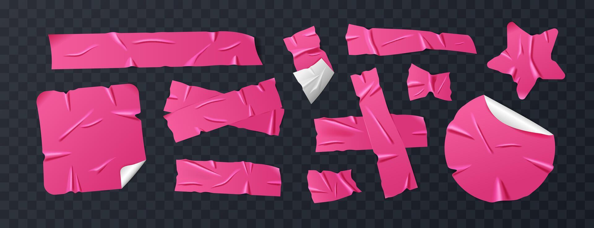 Set of hot pink duct tapes, adhesive tapes and sticky paper strips. Isolated wrinkled elements in various shapes on background. Realistic crumpled tape pieces for collages, scrapbooking. vector