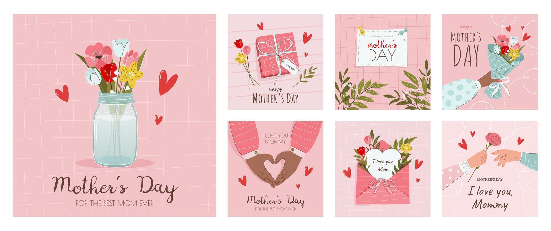 Happy Mother's Day concept. Set of 7 festive square greeting cards, posters or social media posts. Bouquets of flowers, gift box, female hands, envelope. Illustrations in flat style. vector