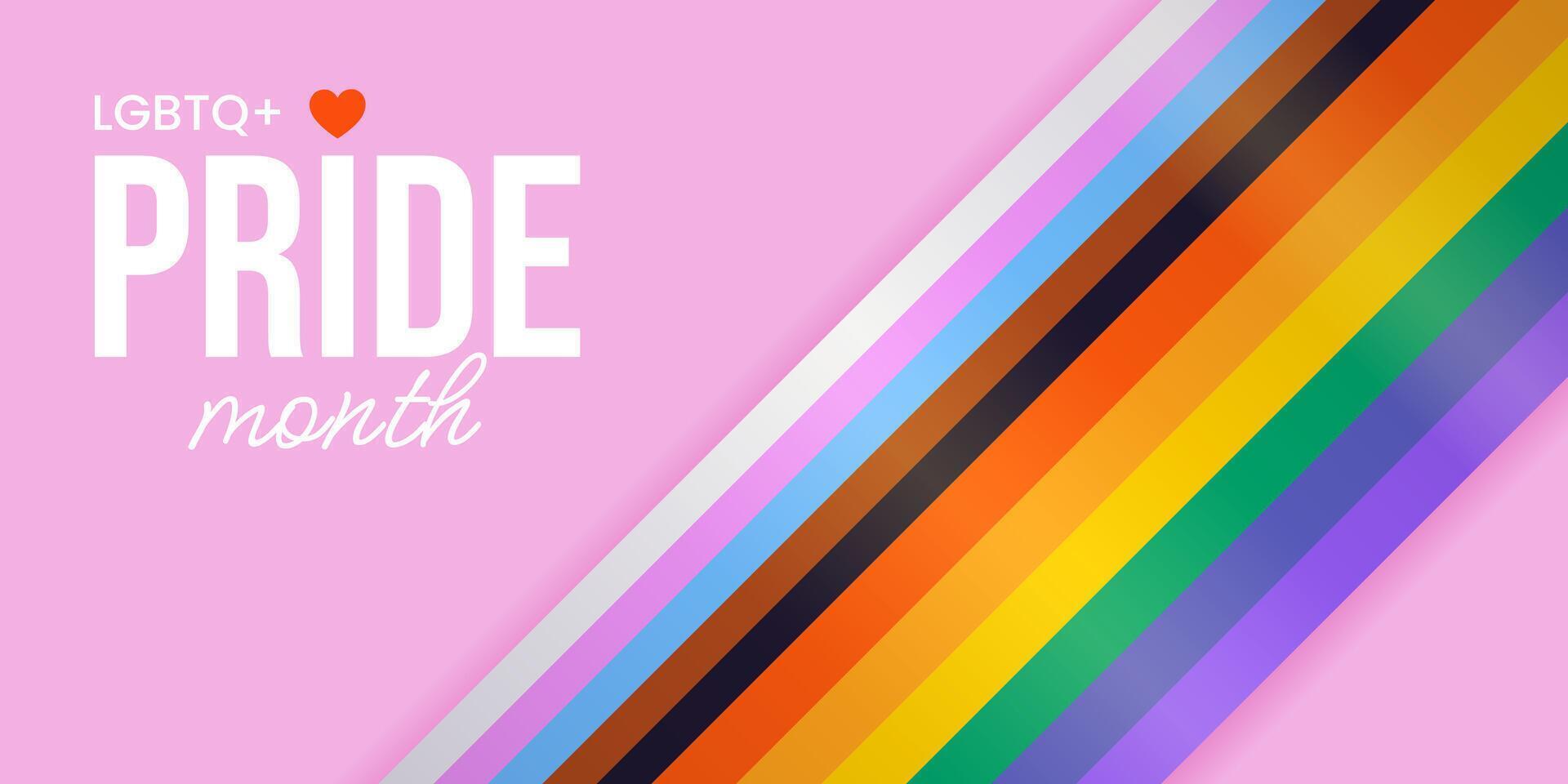 Happy Pride Month. Horizontal festive template for social media posts, banners. LGBTQIA. Rainbow background with progress pride flag for festival parades, parties, and events. vector