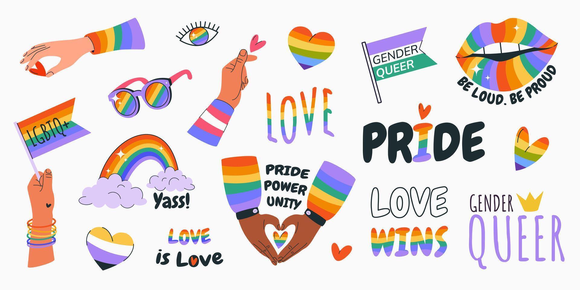 Happy Pride Month. LGBTIA stickers set. Isolated badges with signs, symbols, phrases, inclusive pride flags, hands, lips, rainbow, eye, hearts. Isolated elements on white background. Clipart. vector