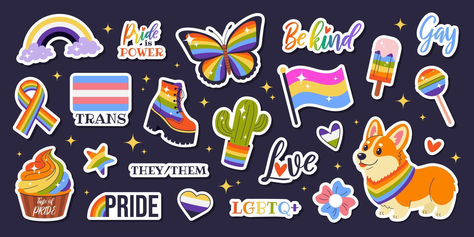 Happy Pride Month. LGBTIA stickers set. Isolated badges with signs and symbols, phrases, flags, corgi, butterfly, rainbow, cupcake. Isolated bright elements on dark background. vector