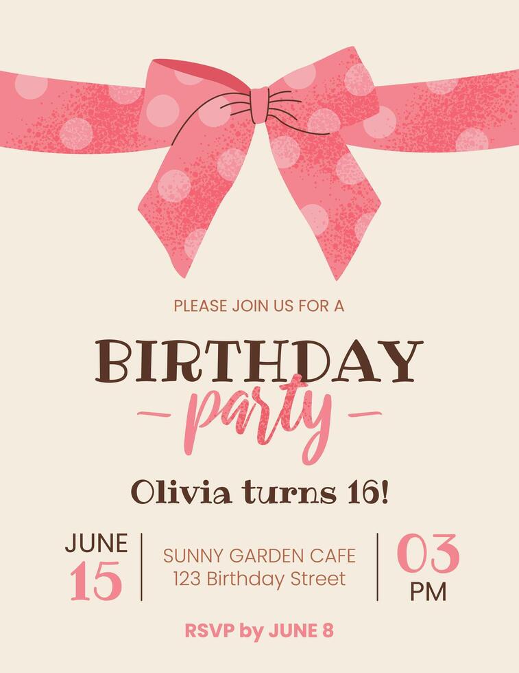 Happy Birthday greeting card or party invitation. Vertical template with grainy pink bow knot and text. Cute festive design for birthday celebration. Hand drawn grainy illustration. vector