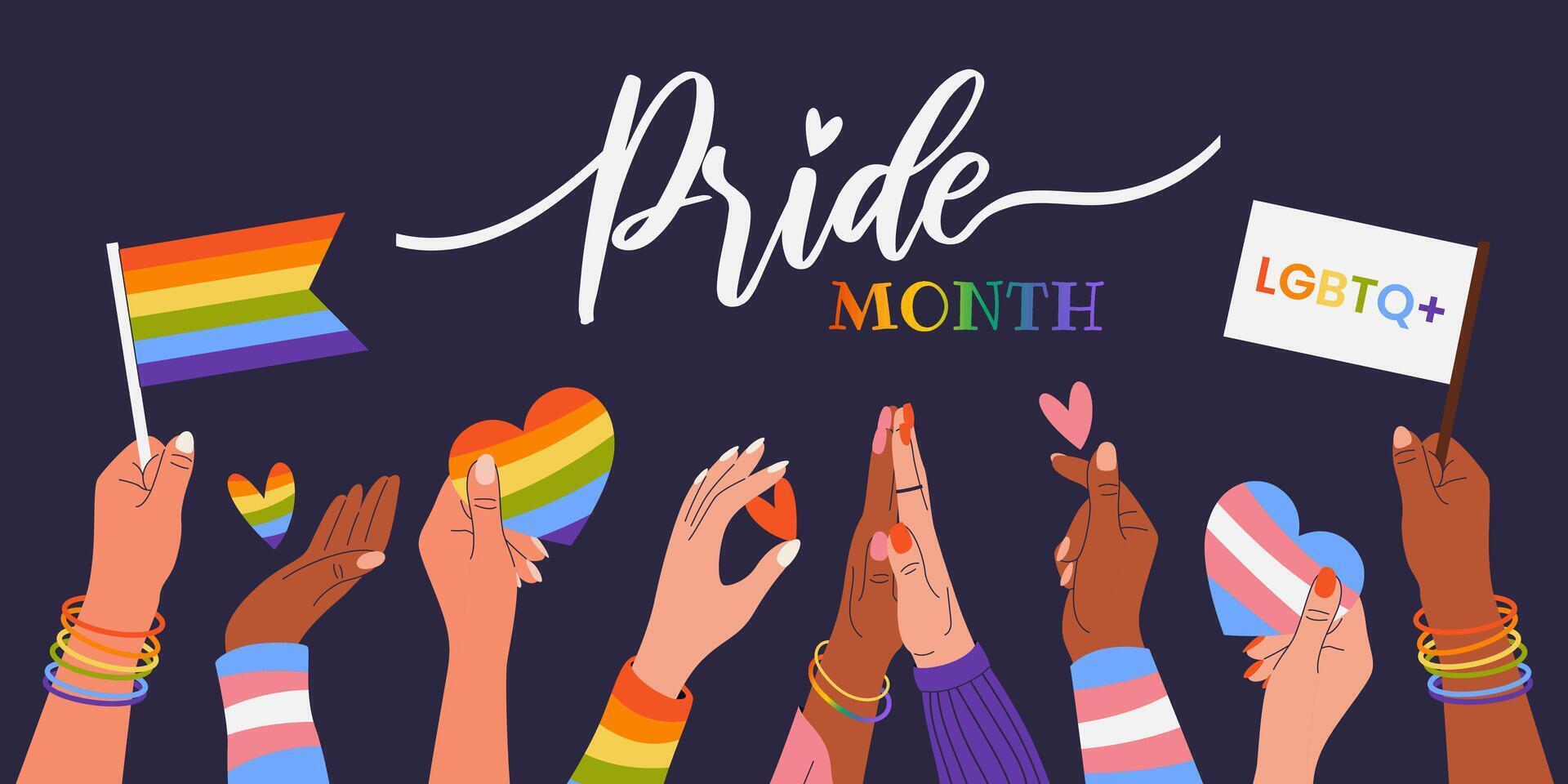 Happy Pride Month. Horizontal template for social media posts, banners, backgrounds. LGBTQIA. Hands holding hearts and rainbow flags. Design for festival parades, parties, events. vector