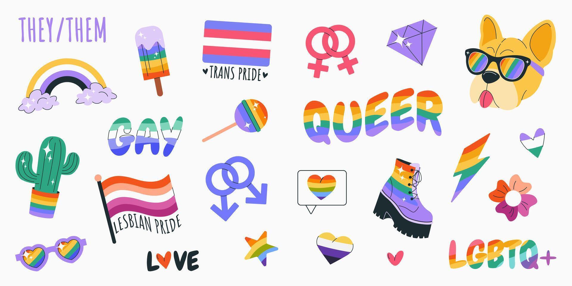 Happy Pride Month. LGBTIA stickers set. Isolated badges with signs, symbols, phrases, inclusive pride flags, dog, rainbow, ice cream, diamond. Isolated elements on white background. Clipart. vector