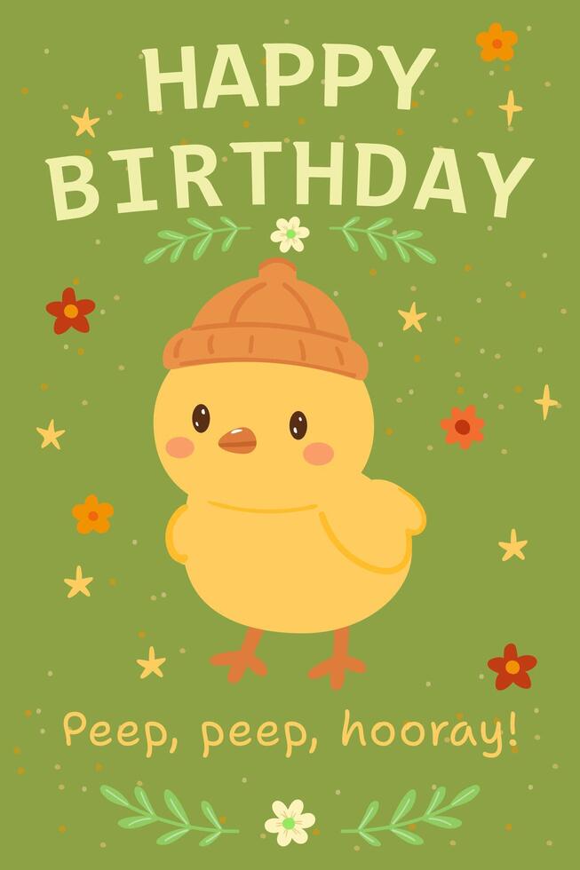 Greeting card cute Yellow little Chicken with hat. Happy birthday postcard for print or design for poster. text Peep hooray. hand drawn illustration on green background vector