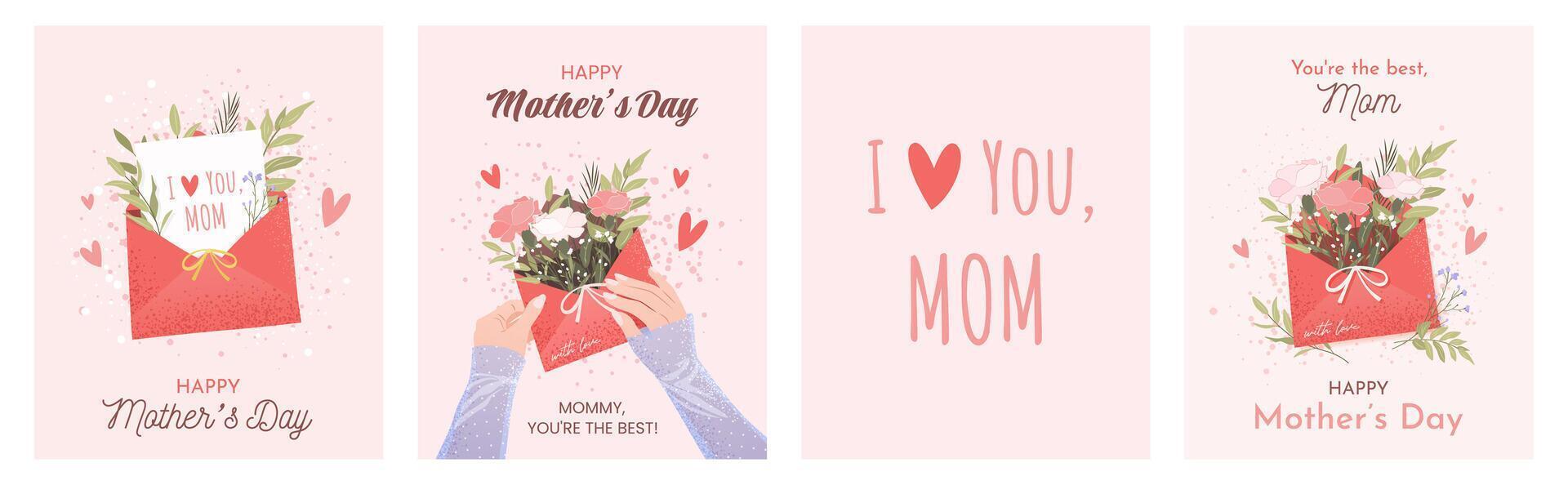 Happy Mother's Day concept. Set of four vertical greeting cards or posters on white. Envelope with a letter, female hands, herbs and hearts. I love you, Mom. Grainy illustrations in flat style. vector