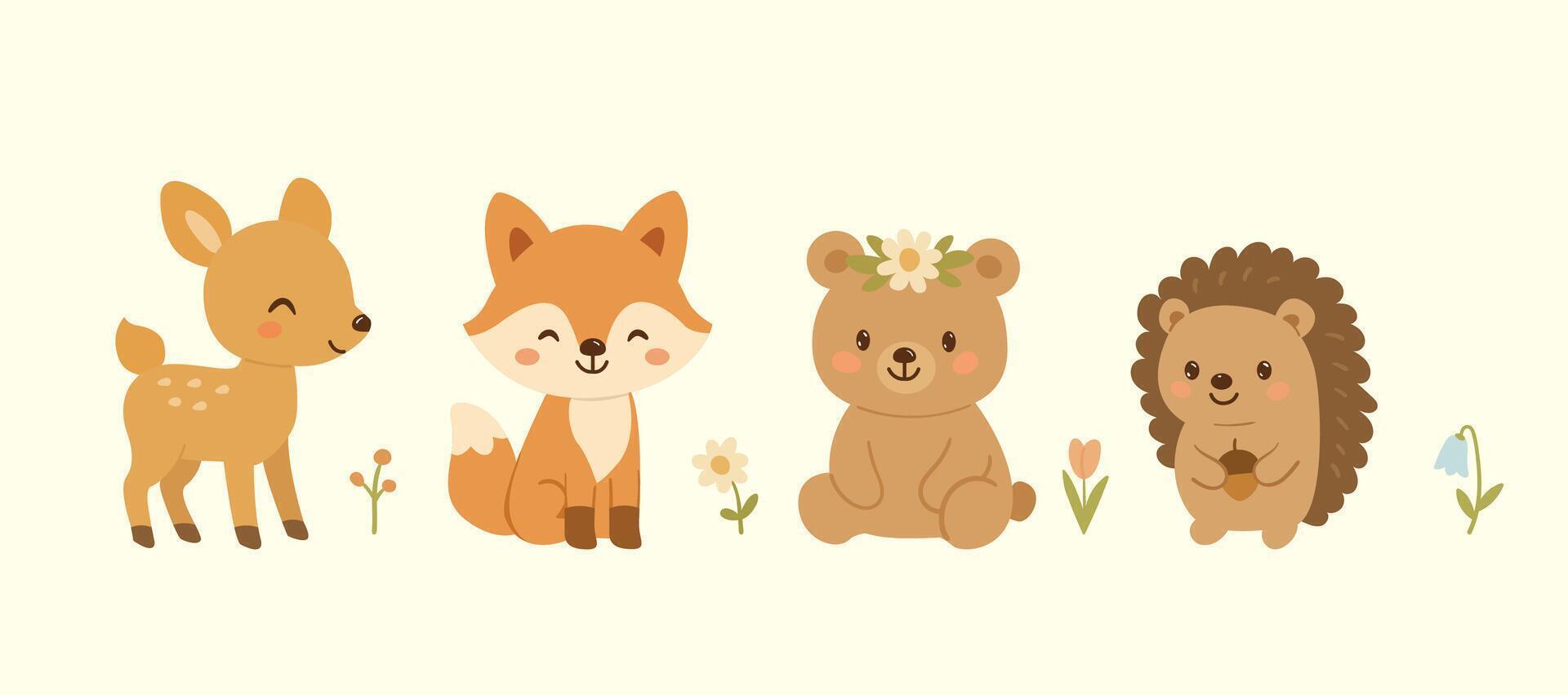 Collection of flat illustration with forest animals. Bear deer fox hedgehog wild boar. Cute children s illustrations on white background. little baby animals kawaii vector